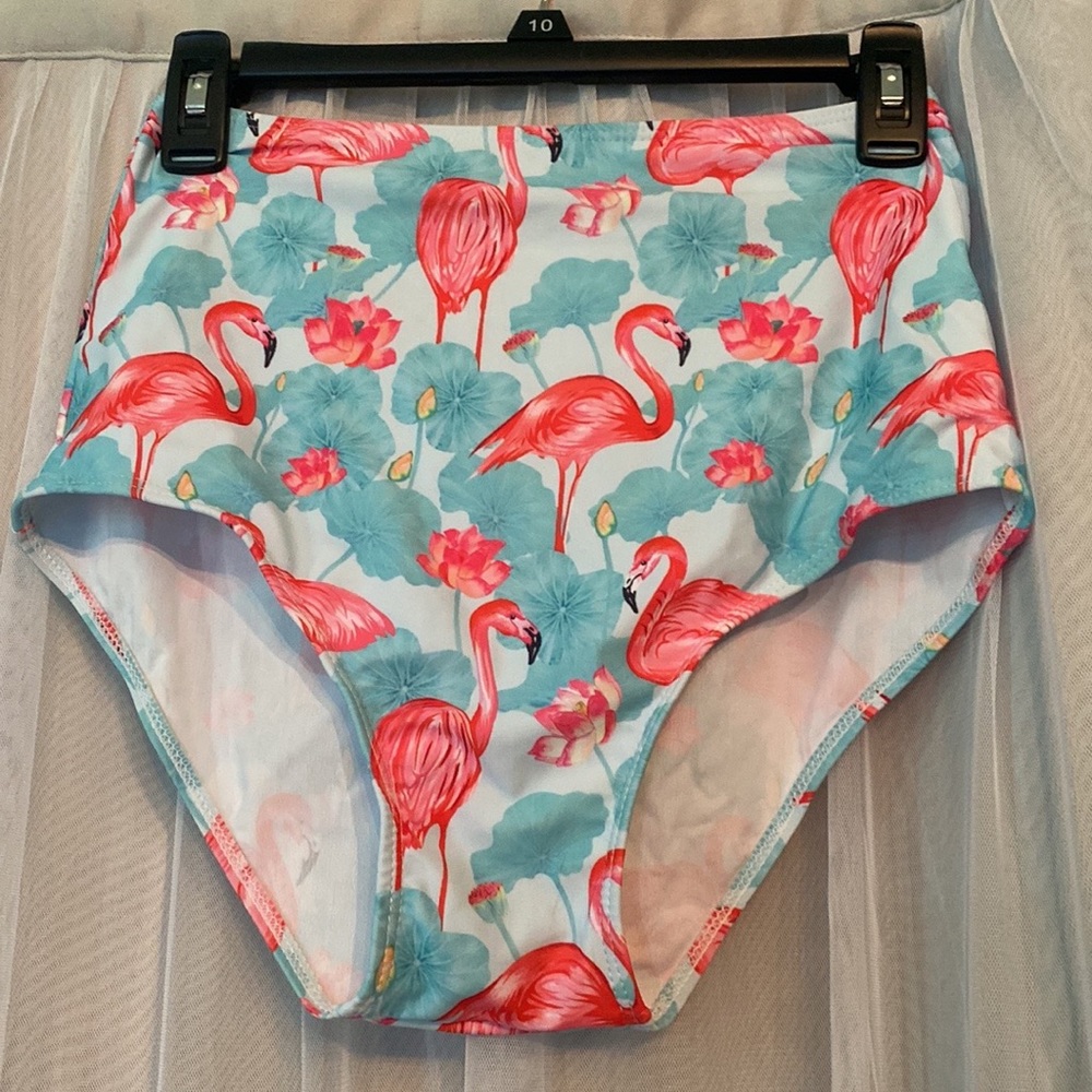 blue and pink flamingo pattern swim bottoms